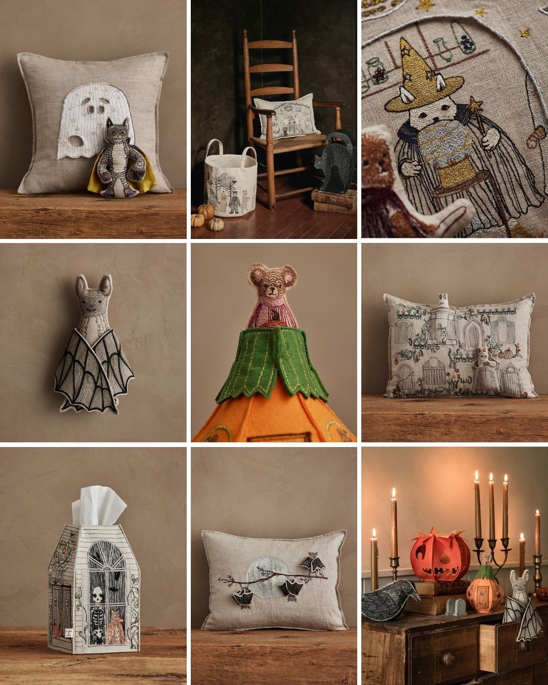 A 3x3 collage showing various Coral & Tusk Halloween-themed home decor products, including embroidered throw pillows, a bat-shaped tissue box cover, a mouse in a pumpkin, and bat doll, styled in warm autumn and spooky settings.