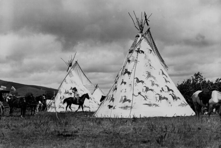 Black and white photo of Lakota Tipis Standing Rock Reservation South Dakota Circa 1890.