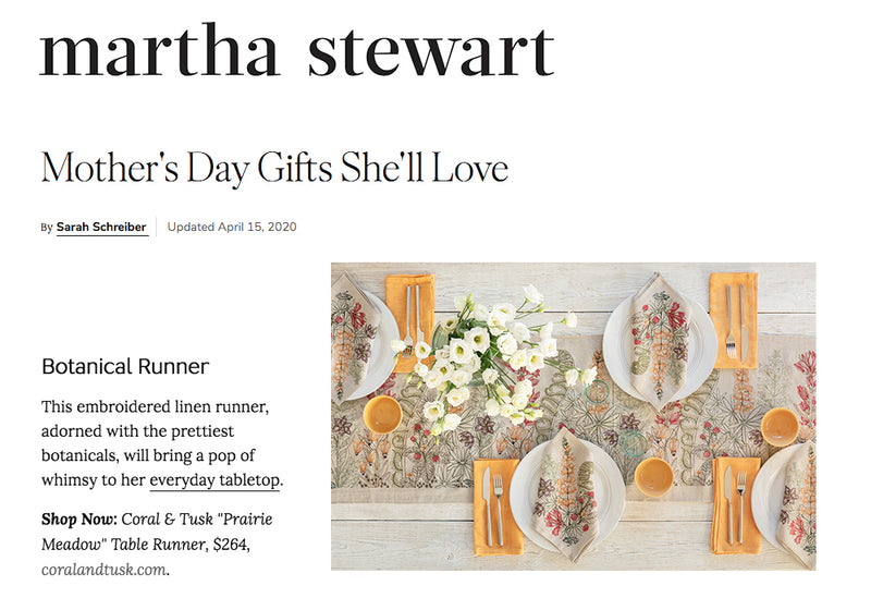 Martha Stewart Mother's Day gifts featuring Coral & Tusk Prairie Meadow Table Runner