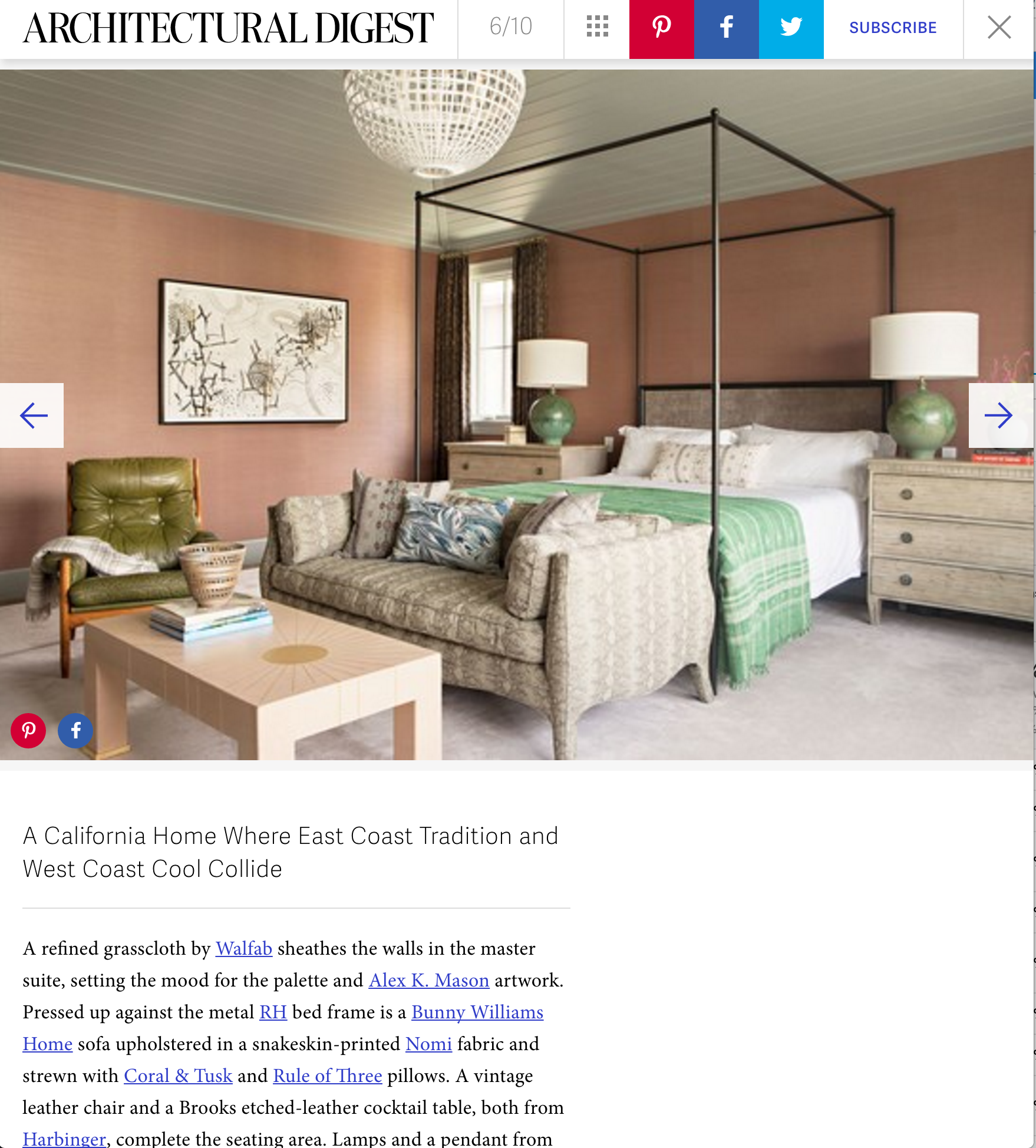 Architectural Digest online article with interior bedroom image
