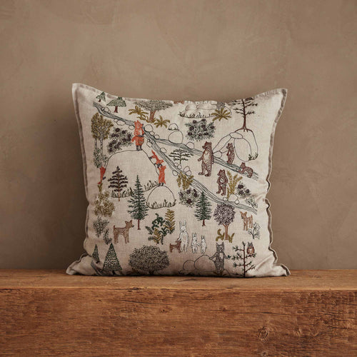Coral & Tusk 20 × 20 inch Forest Fun Pillow with intricately embroidered forest scene featuring fox and bear families, owl, bluebird, rabbits, and fawn among trees, plants, rocks, and streams.