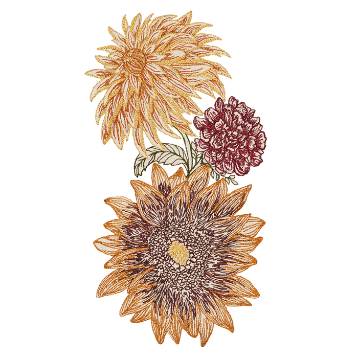 Coral & Tusk embroidered design of sunflowers and chrysanthemums on a white background.
