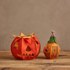 Coral & Tusk Pumpkin Set, two felt Halloween decorative objects: the orange Witches Brew Pumpkin Jack-o'-lantern with cut-outs revealing an interior scene, and the Mouse House Pumpkin with a green felt stem, a mouse peeking from the top, and embroidered mice, a door, and pumpkins.