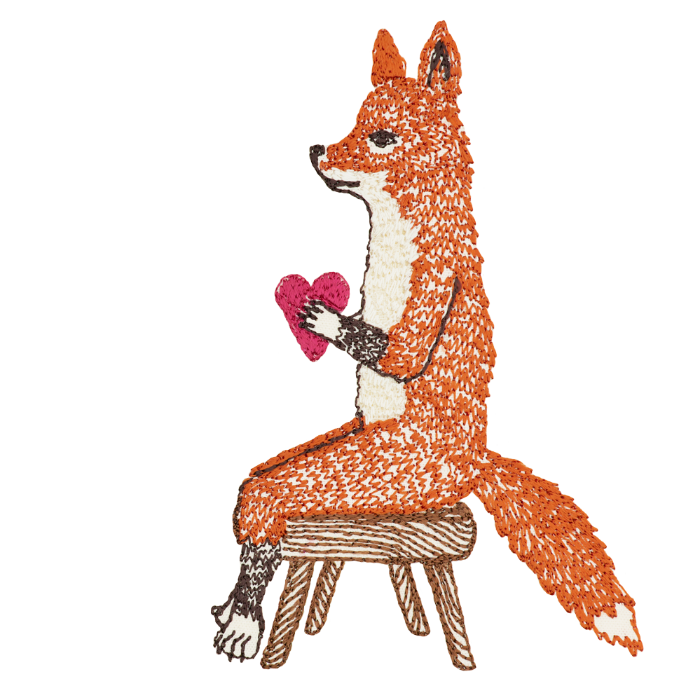 Coral & Tusk stylized embroidered fox sitting on a small stool and holding a pink heart, shown on a plain white background, facing left.