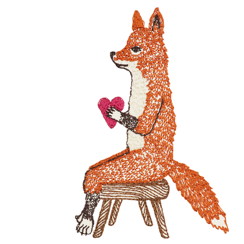 Coral & Tusk stylized embroidered fox sitting on a small stool and holding a pink heart, shown on a plain white background, facing left.