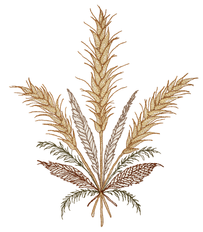 Coral & Tusk design of embroidered wheat and feathers bouquet on a white background.